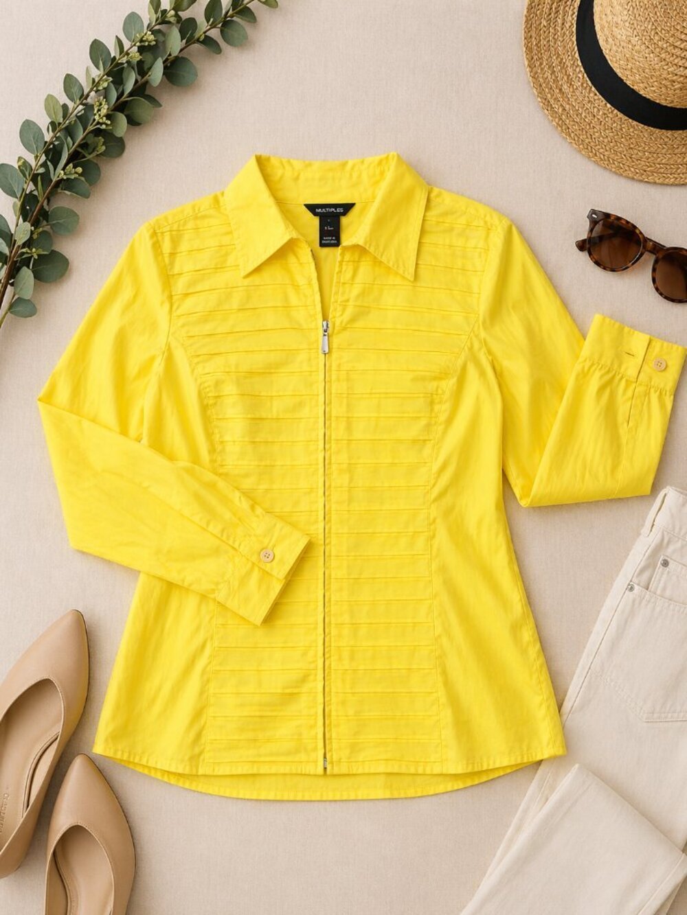 Multiples Yellow Zip Front Blouse L NWT Cotton Stretch Bright Top